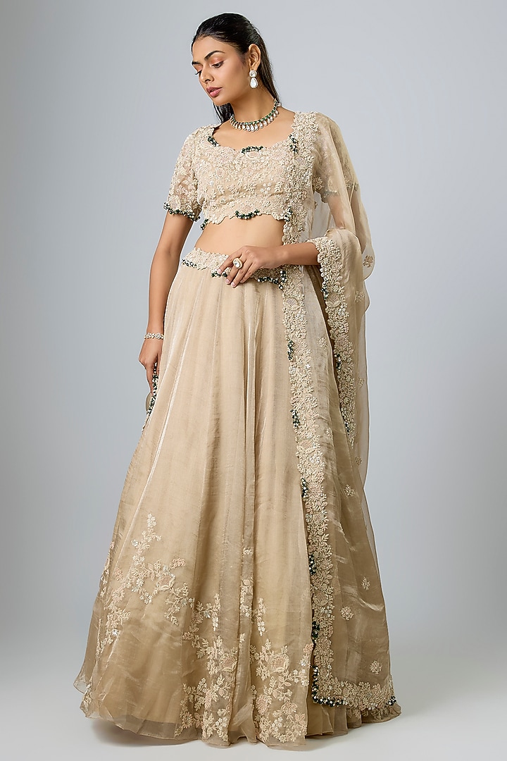 Beige Tissue Resham Work Bridal Lehenga Set by Prisho at Pernia's Pop Up Shop