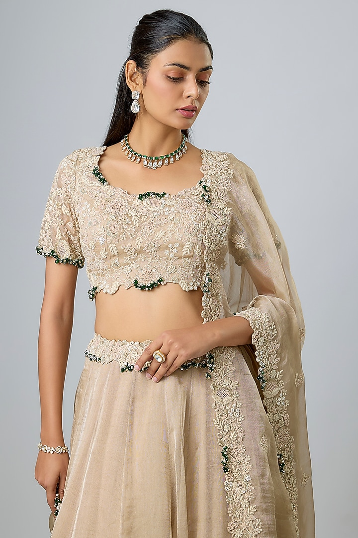 Beige Tissue Resham Work Bridal Lehenga Set by Prisho at Pernia's Pop Up Shop