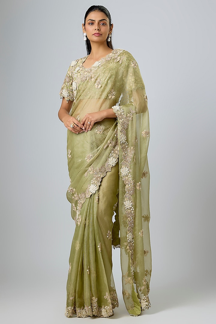 Sea Green Tissue Resham Work Reception Saree Set by Prisho at Pernia's Pop Up Shop