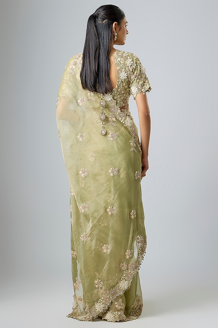 Sea Green Tissue Resham Work Reception Saree Set by Prisho at Pernia's Pop Up Shop