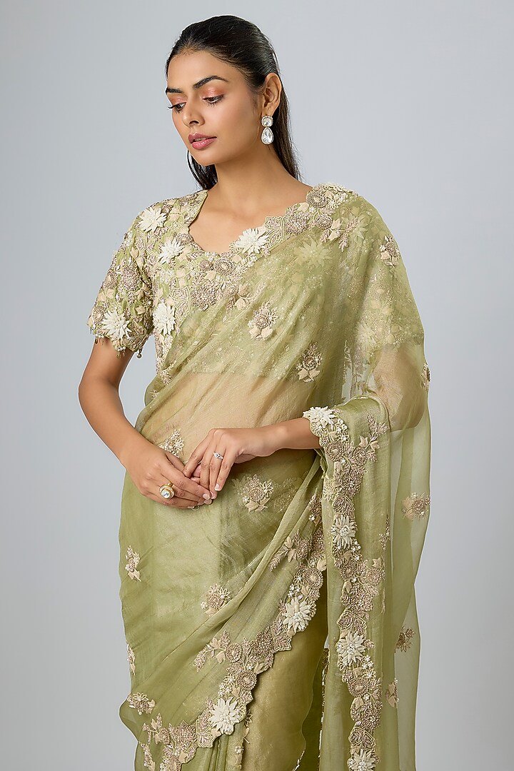 Sea Green Tissue Resham Work Reception Saree Set by Prisho at Pernia's Pop Up Shop
