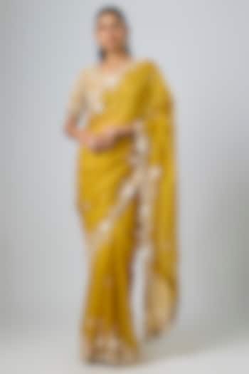 Mustard Yellow Organza Resham Work Reception Saree Set by Prisho at Pernia's Pop Up Shop