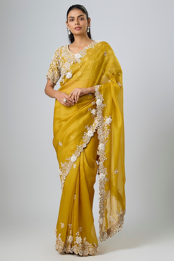 Mustard Yellow Organza Resham Work Reception Saree Set by Prisho at Pernia's Pop Up Shop