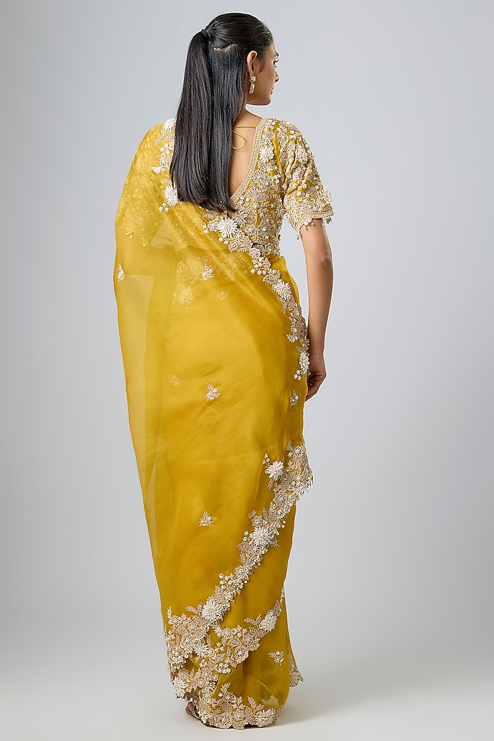 Mustard Yellow Organza Resham Work Reception Saree Set by Prisho at Pernia's Pop Up Shop