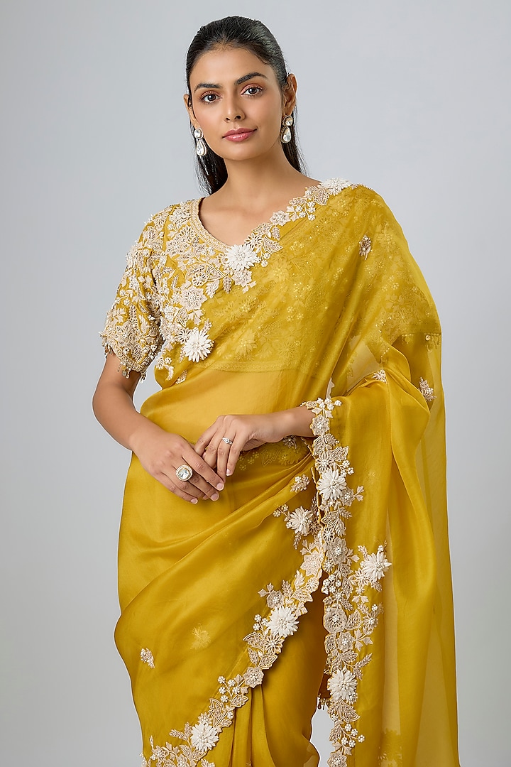 Mustard Yellow Organza Resham Work Reception Saree Set by Prisho at Pernia's Pop Up Shop
