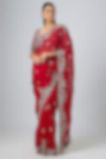 Red Organza Zari Work Reception Saree Set by Prisho at Pernia's Pop Up Shop
