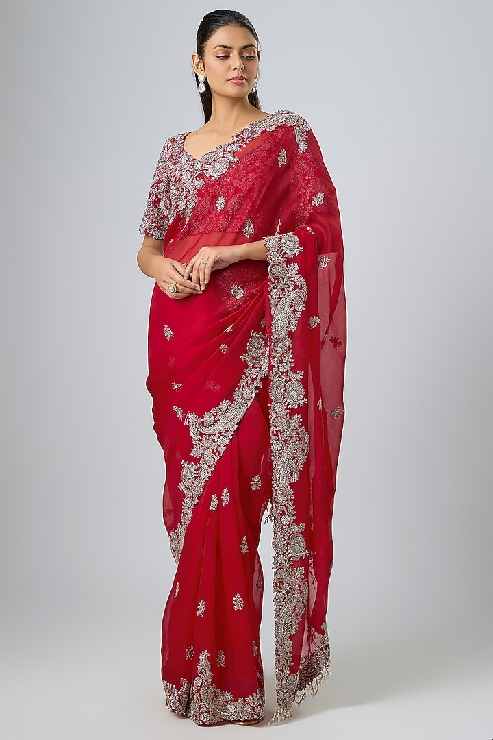 Red Organza Zari Work Reception Saree Set by Prisho at Pernia's Pop Up Shop