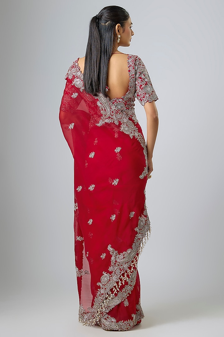 Red Organza Zari Work Reception Saree Set by Prisho at Pernia's Pop Up Shop