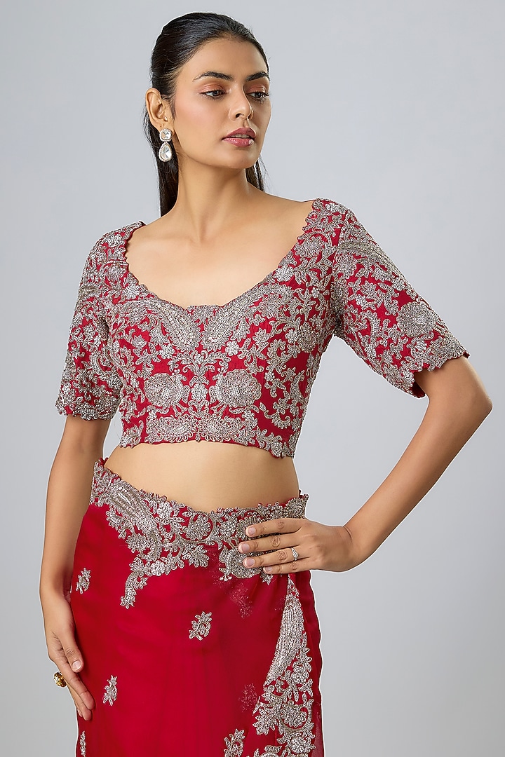 Red Organza Zari Work Reception Saree Set by Prisho at Pernia's Pop Up Shop