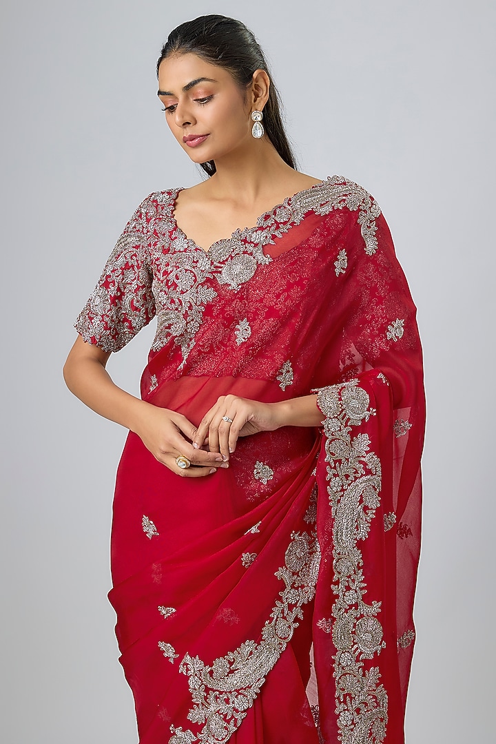 Red Organza Zari Work Reception Saree Set by Prisho at Pernia's Pop Up Shop