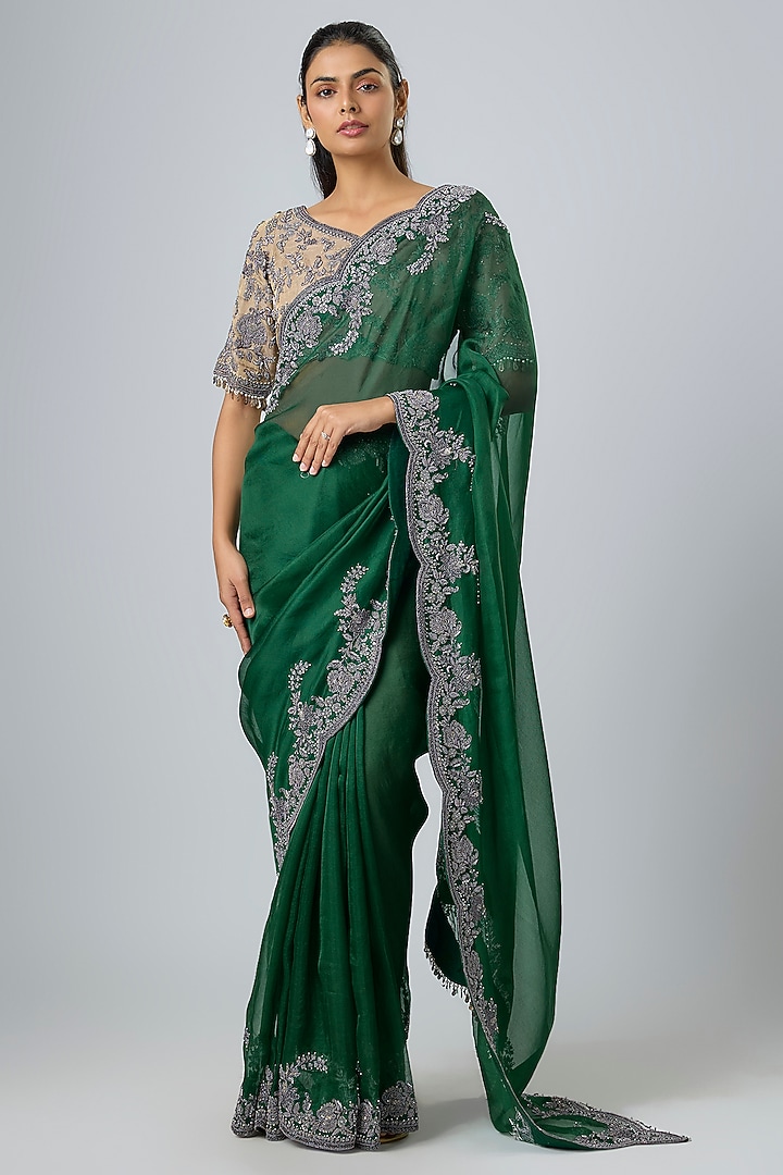 Bottle Green Silk Zari Work Reception Saree Set by Prisho at Pernia's Pop Up Shop
