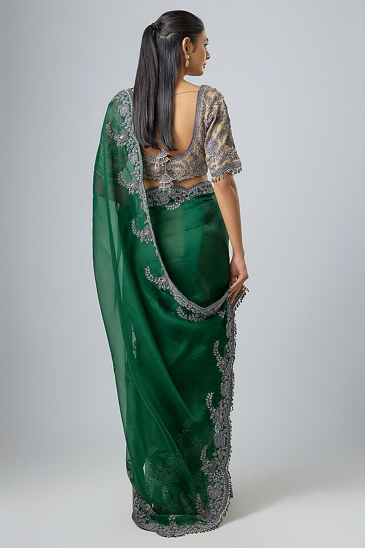 Bottle Green Silk Zari Work Reception Saree Set by Prisho at Pernia's Pop Up Shop