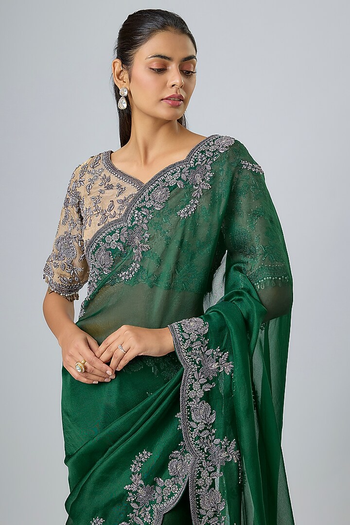 Bottle Green Silk Zari Work Reception Saree Set by Prisho at Pernia's Pop Up Shop