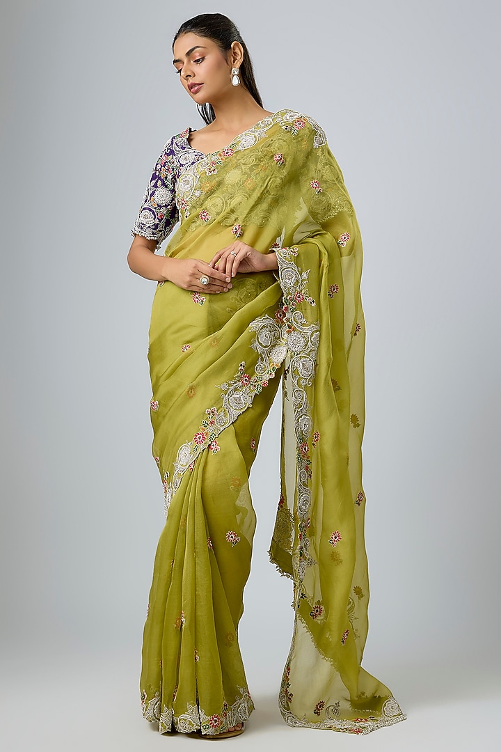 Green Organza Thread Work Reception Saree Set by Prisho at Pernia's Pop Up Shop