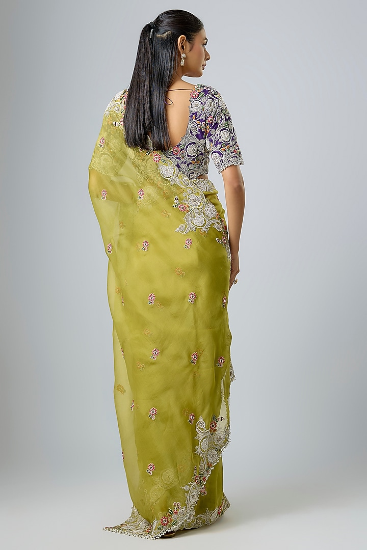 Green Organza Thread Work Reception Saree Set by Prisho at Pernia's Pop Up Shop