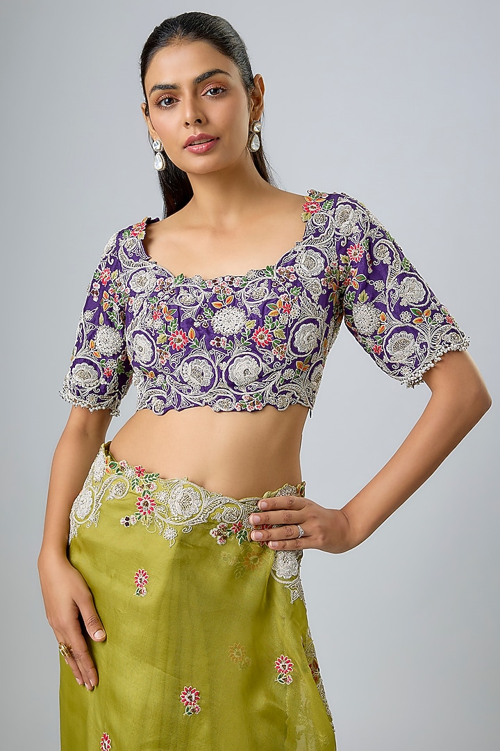 Green Organza Thread Work Reception Saree Set by Prisho at Pernia's Pop Up Shop