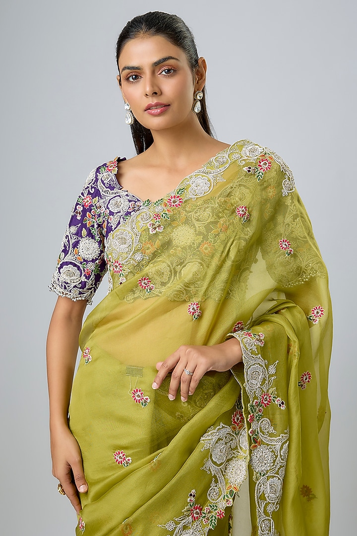 Green Organza Thread Work Reception Saree Set by Prisho at Pernia's Pop Up Shop