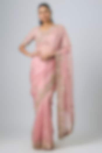 Dark Flamingo Pink Organza Dori Work Reception Saree Set by Prisho at Pernia's Pop Up Shop