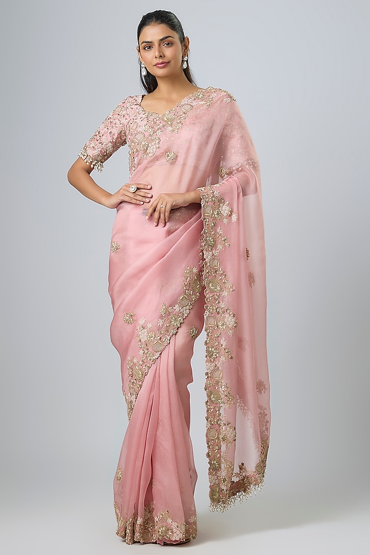 Dark Flamingo Pink Organza Dori Work Reception Saree Set by Prisho at Pernia's Pop Up Shop