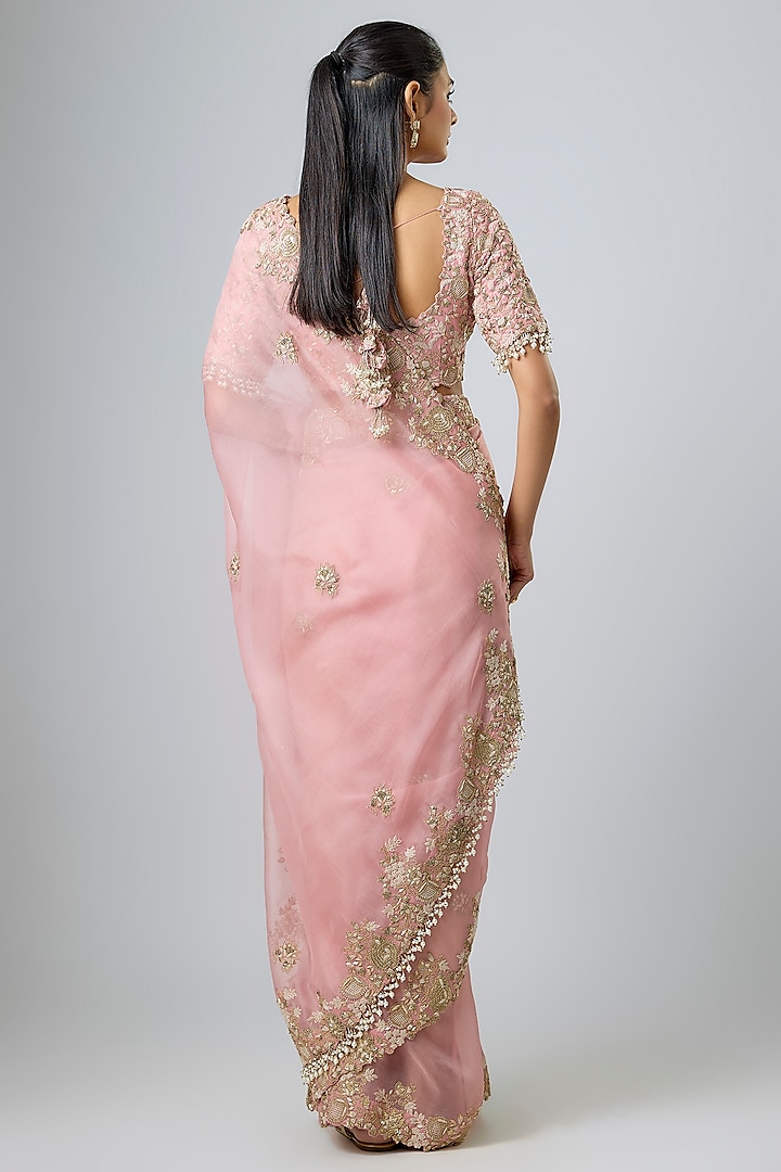 Dark Flamingo Pink Organza Dori Work Reception Saree Set by Prisho at Pernia's Pop Up Shop