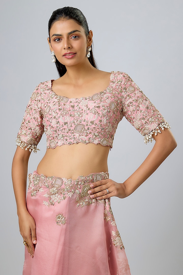 Dark Flamingo Pink Organza Dori Work Reception Saree Set by Prisho at Pernia's Pop Up Shop