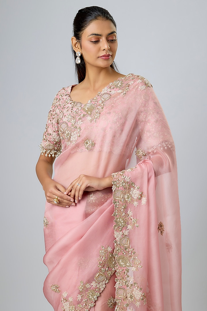 Dark Flamingo Pink Organza Dori Work Reception Saree Set by Prisho at Pernia's Pop Up Shop
