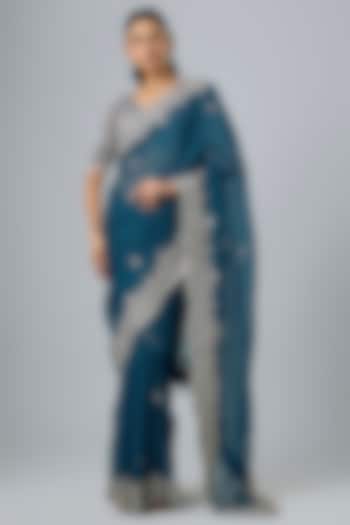 Blue Organza Resham & Maal Work Reception Saree Set by Prisho at Pernia's Pop Up Shop