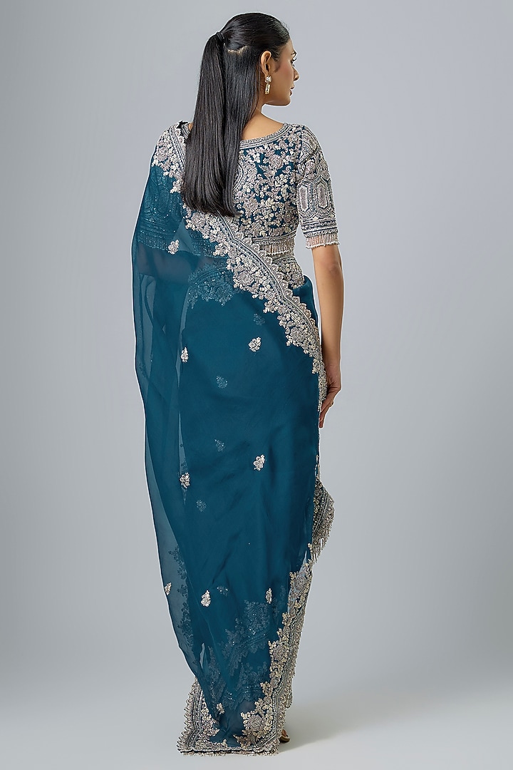 Blue Organza Resham & Maal Work Reception Saree Set by Prisho at Pernia's Pop Up Shop