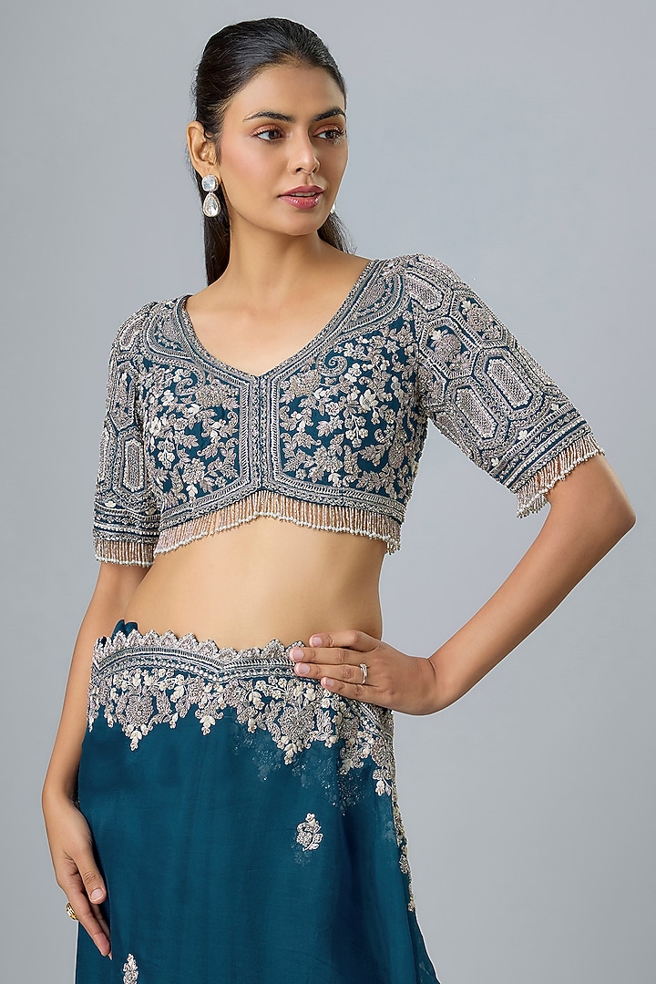 Blue Organza Resham & Maal Work Reception Saree Set by Prisho at Pernia's Pop Up Shop