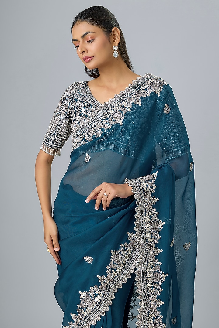 Blue Organza Resham & Maal Work Reception Saree Set by Prisho at Pernia's Pop Up Shop