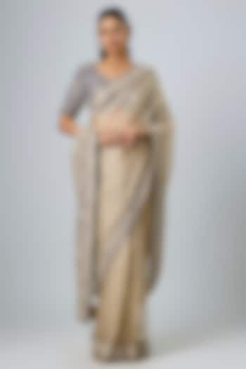 Beige Tissue Maal Work Reception Saree Set by Prisho at Pernia's Pop Up Shop