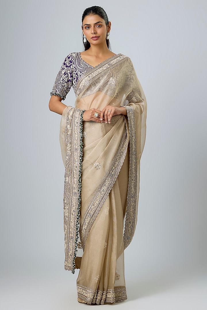 Beige Tissue Maal Work Reception Saree Set by Prisho at Pernia's Pop Up Shop