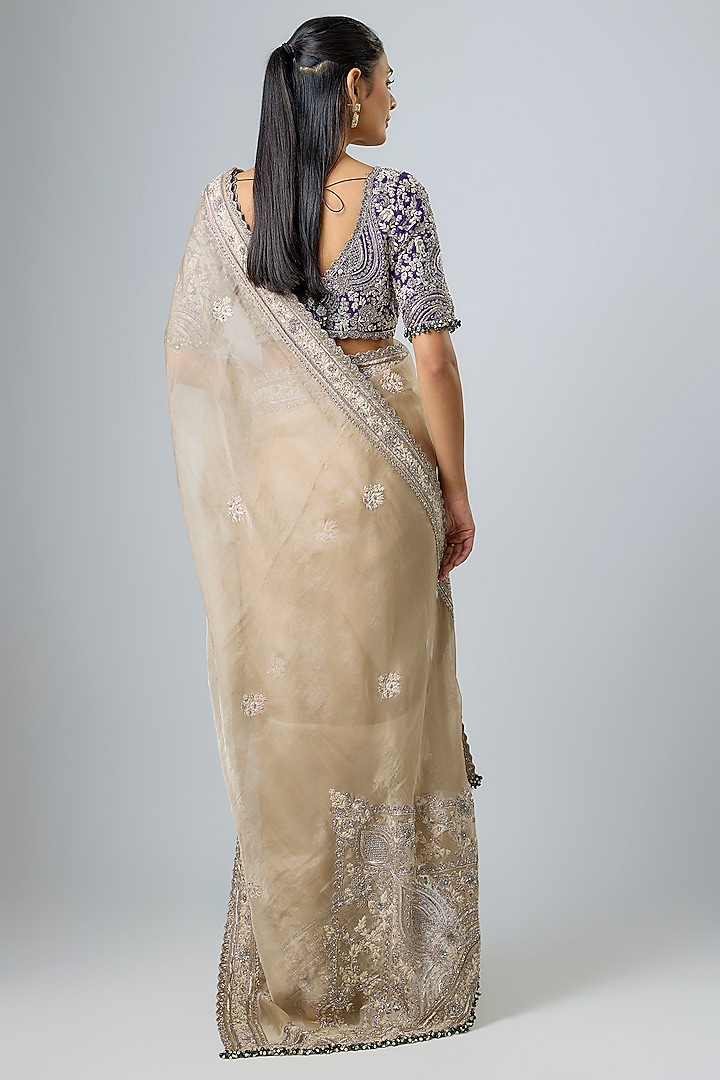 Beige Tissue Maal Work Reception Saree Set by Prisho at Pernia's Pop Up Shop