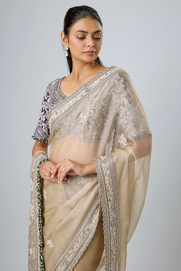 Beige Tissue Maal Work Reception Saree Set by Prisho at Pernia's Pop Up Shop