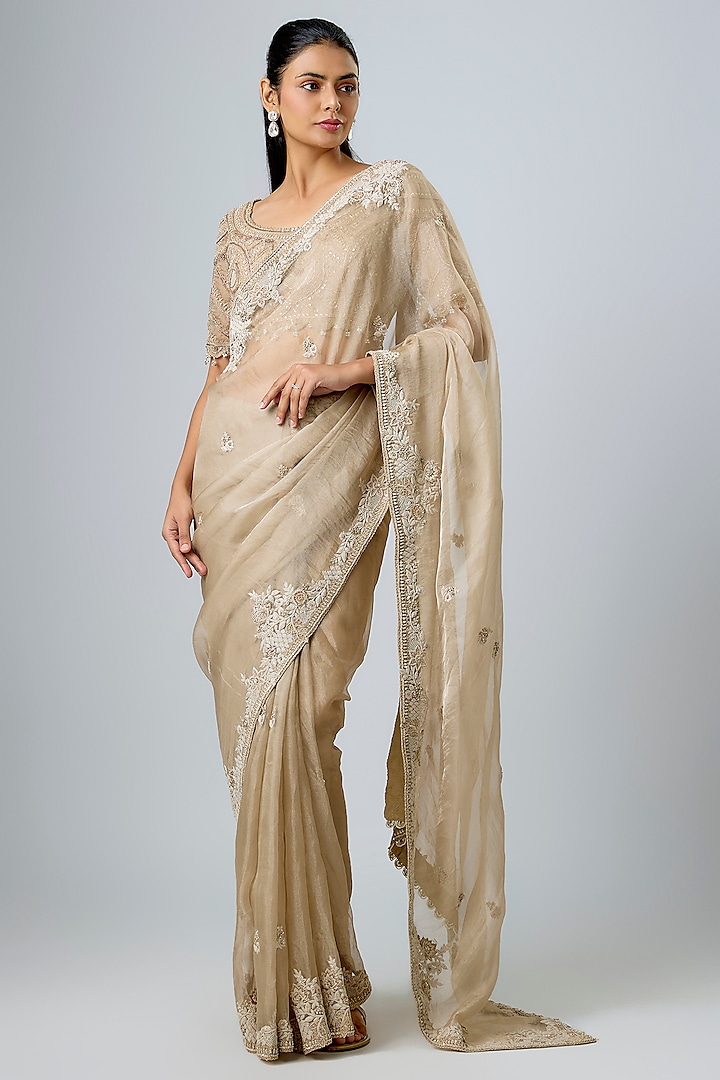 Beige Tissue Dori Work Reception Saree Set by Prisho at Pernia's Pop Up Shop
