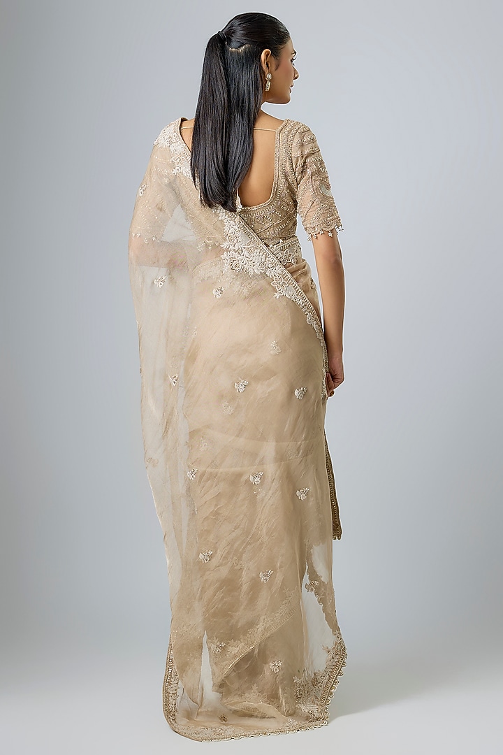 Beige Tissue Dori Work Reception Saree Set by Prisho at Pernia's Pop Up Shop