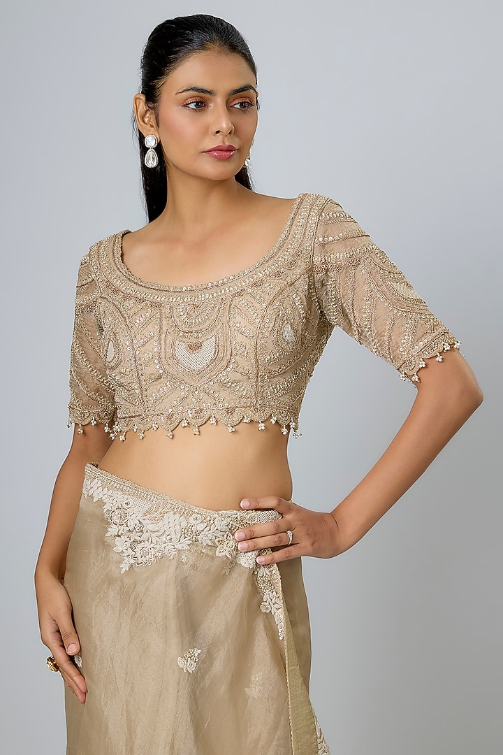 Beige Tissue Dori Work Reception Saree Set by Prisho at Pernia's Pop Up Shop