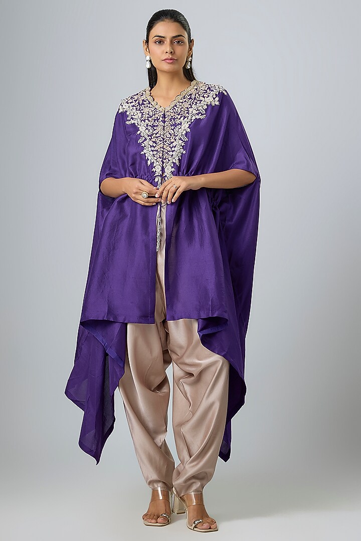Purple Silk Resham Work Kaftan Set by Prisho at Pernia's Pop Up Shop