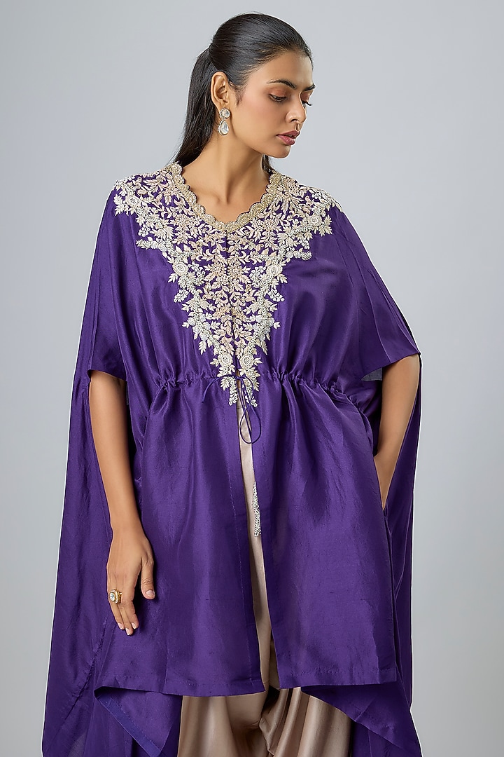 Purple Silk Resham Work Kaftan Set by Prisho at Pernia's Pop Up Shop