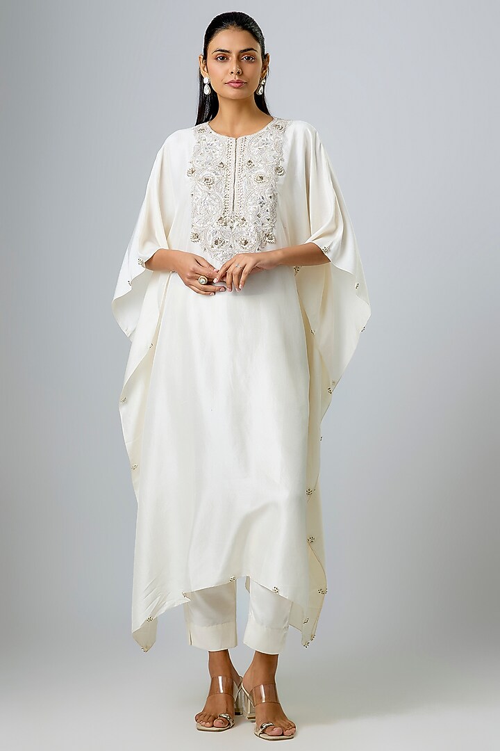 Ivory Silk Gota Work Kaftan Set by Prisho at Pernia's Pop Up Shop