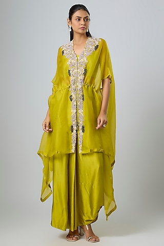Lime Green Organza Maal & Dori Work Jacket Set by Prisho