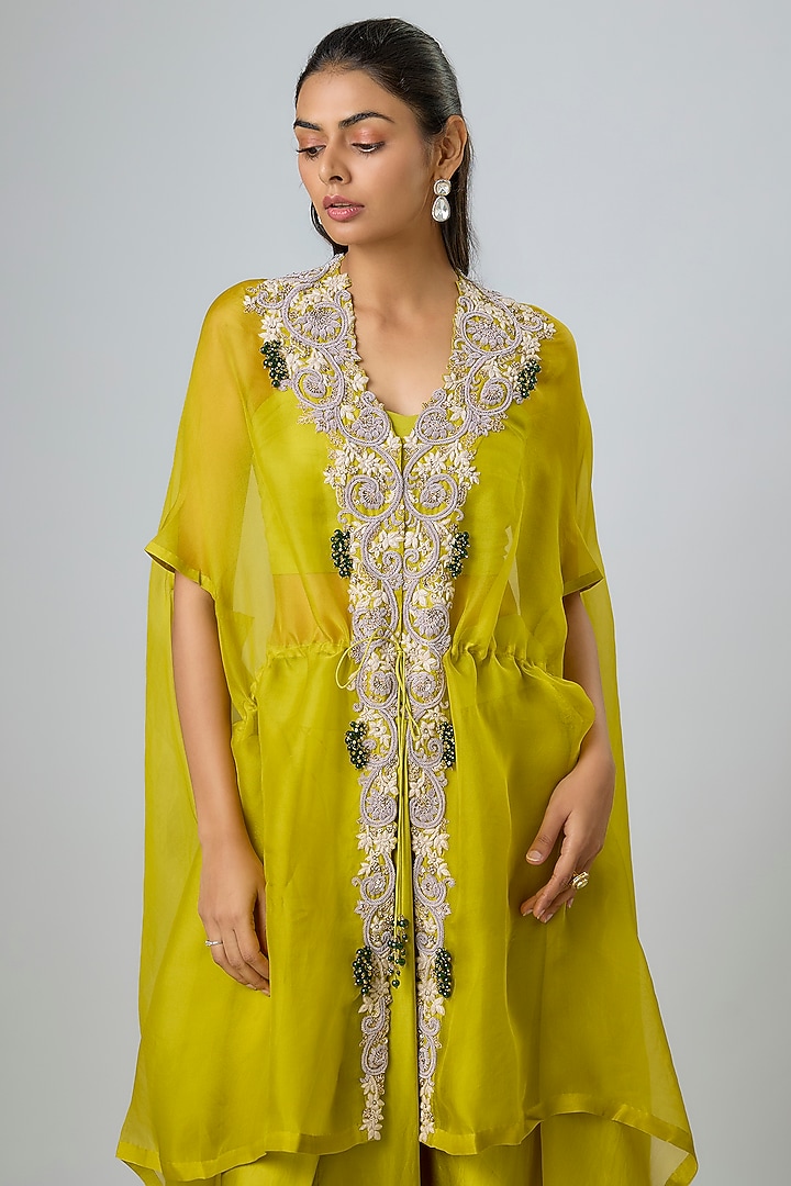 Lime Green Organza Maal & Dori Work Jacket Set by Prisho at Pernia's Pop Up Shop