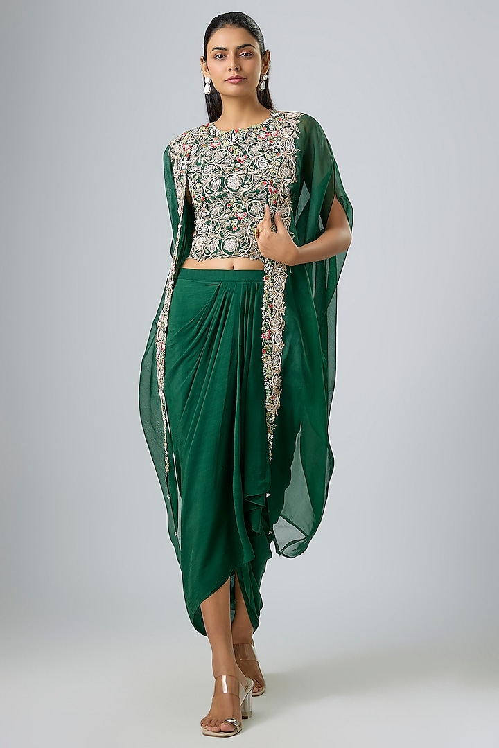 Bottle Green Organza Dori Work Cape Set by Prisho at Pernia's Pop Up Shop