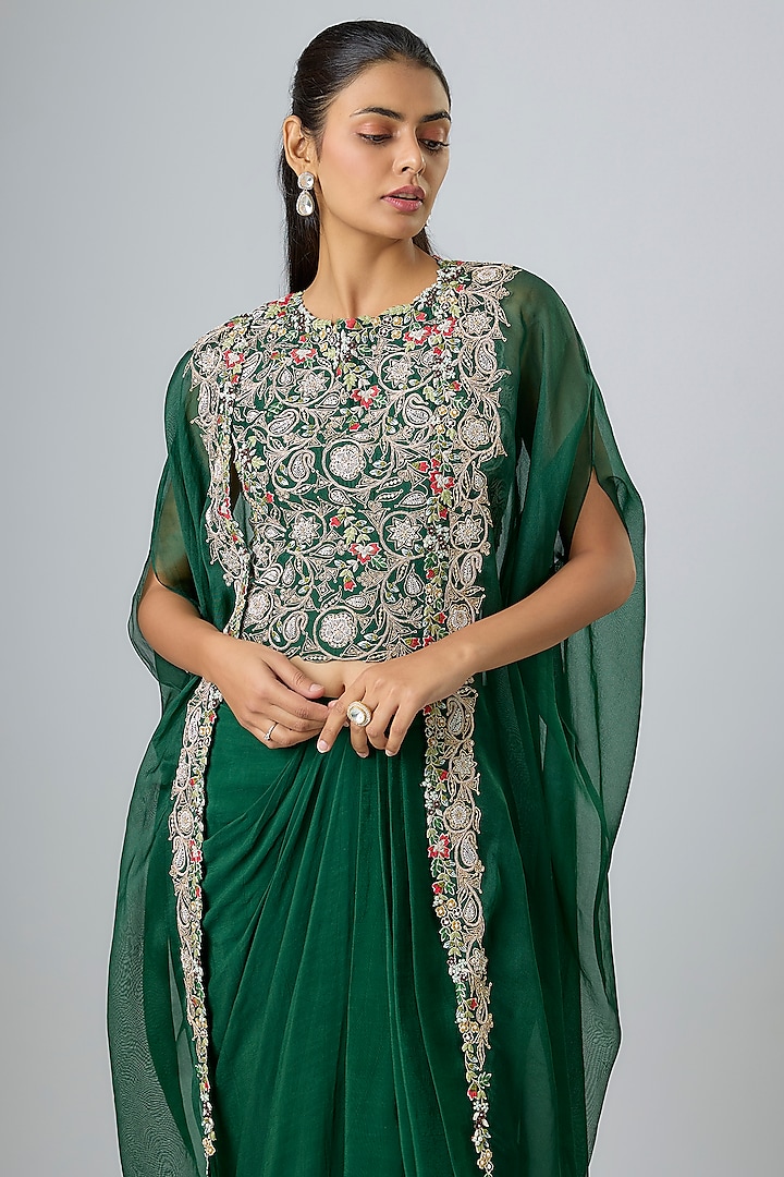 Bottle Green Organza Dori Work Cape Set by Prisho at Pernia's Pop Up Shop