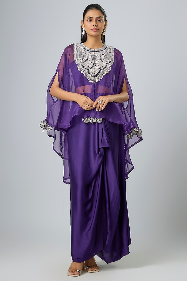 Dark Purple Organza Resham Work Kaftan Set  by Prisho at Pernia's Pop Up Shop