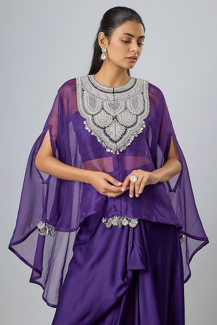 Dark Purple Organza Resham Work Kaftan Set by Prisho at Pernia's Pop Up Shop