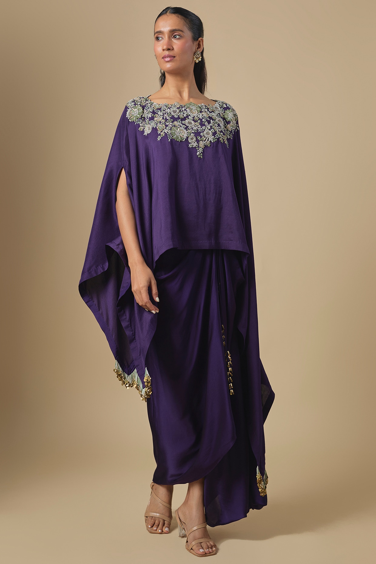 Prisho Dark Purple Silk Thread Embroidered Kaftan Set