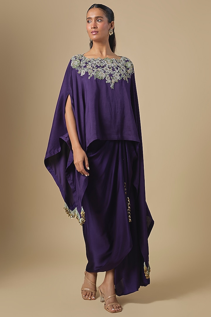 Dark Purple Silk Thread Embroidered Kaftan Set by Prisho at Pernia's Pop Up Shop