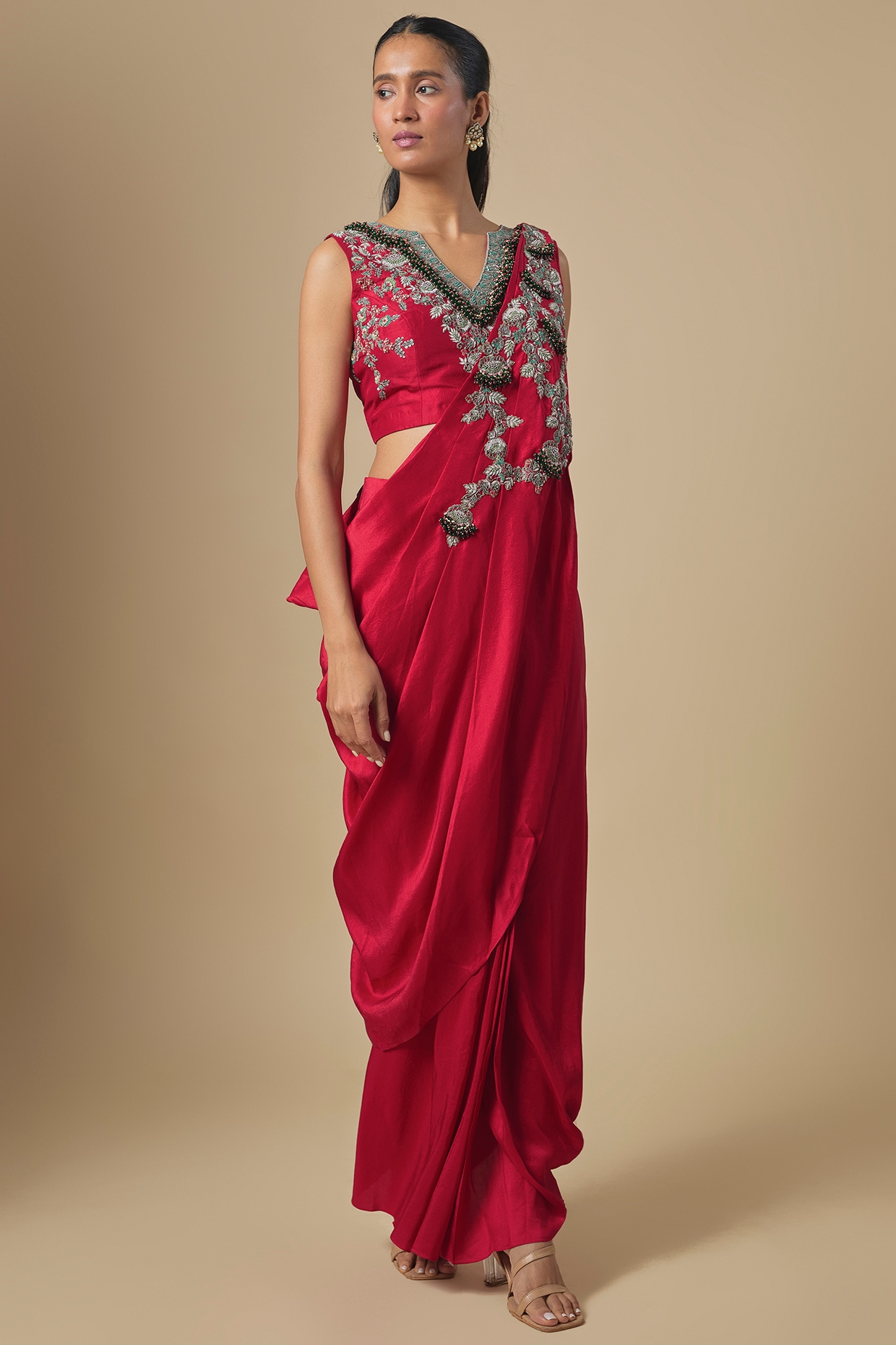 Prisho Cherry Red Silk Thread Embroidered Drape Skirt Set