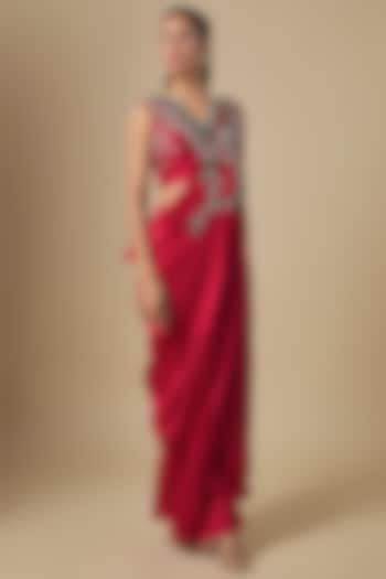 Cherry Red Silk Thread Embroidered Drape Skirt Set by Prisho at Pernia's Pop Up Shop